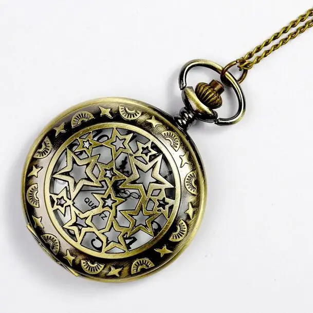 Vintage Bronze antiques Fashion quartz stars moon pattern Hollow pocket watches woman and men chain gift
Vintage Bronze antiques Fashion quartz stars moon pattern Hollow pocket watches woman and men chain gift