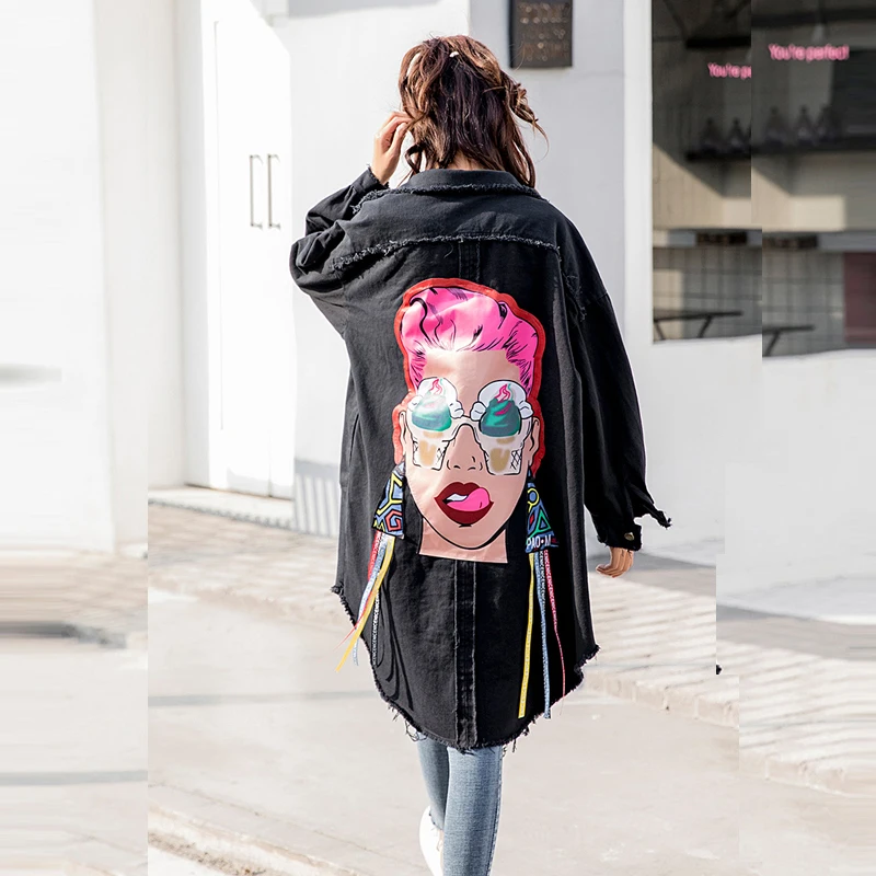2018 Spring Women Jean Jackets Black Loose Full Sleeve Turn-Down Collar Single Breasted Jacket With Back Graffiti Printing New
2018 Spring Women Jean Jackets Black Loose Full Sleeve Turn-Down Collar Single Breasted Jacket With Back Graffiti Printing New