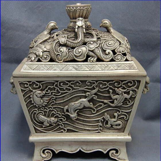 S0096 Tibet Monastery White Copper Silver Dragon Bird Beast Jar Censer incense burner D0318
S0096 Tibet Monastery White Copper Silver Dragon Bird Beast Jar Censer incense burner D0318