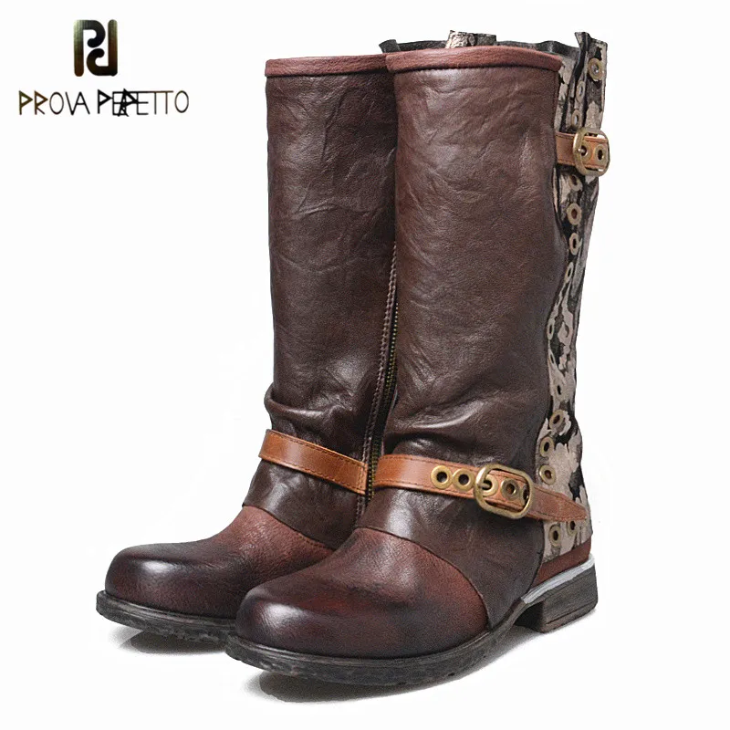 

Prova Perfetto New Designer Outside Armor Retro Boots Real Leather Mixed Color Motorcycle Boots Handsome Lace Up Knight Boot