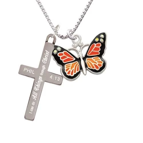 Large Monarch Butterfly with 6 AB Crystals - I Can Do All Things - Cross Necklace (1)