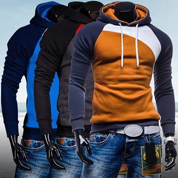 

Men Spring Warm Hoody Ourdoor Slim Fit Splicing Color String Casual Pullover Top