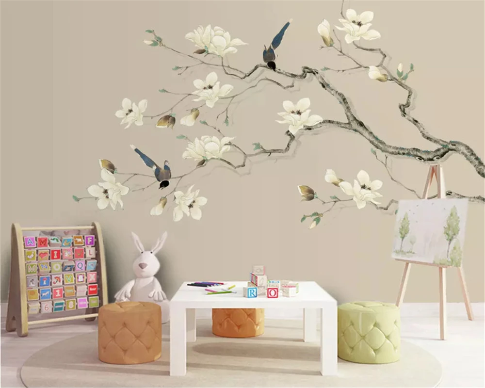 

beibehang Custom silky papel de parede 3d wallpaper hand-painted white magnolia bird new Chinese background decorative painting