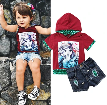 Hot Toddler Kids Girl Clothes Short Sleeve Hooded Tops Denim Shorts Outfits Set Cute Cartoon Girl Mermaid Daughter of The Sea
Hot Toddler Kids Girl Clothes Short Sleeve Hooded Tops Denim Shorts Outfits Set Cute Cartoon Girl Mermaid Daughter of The Sea