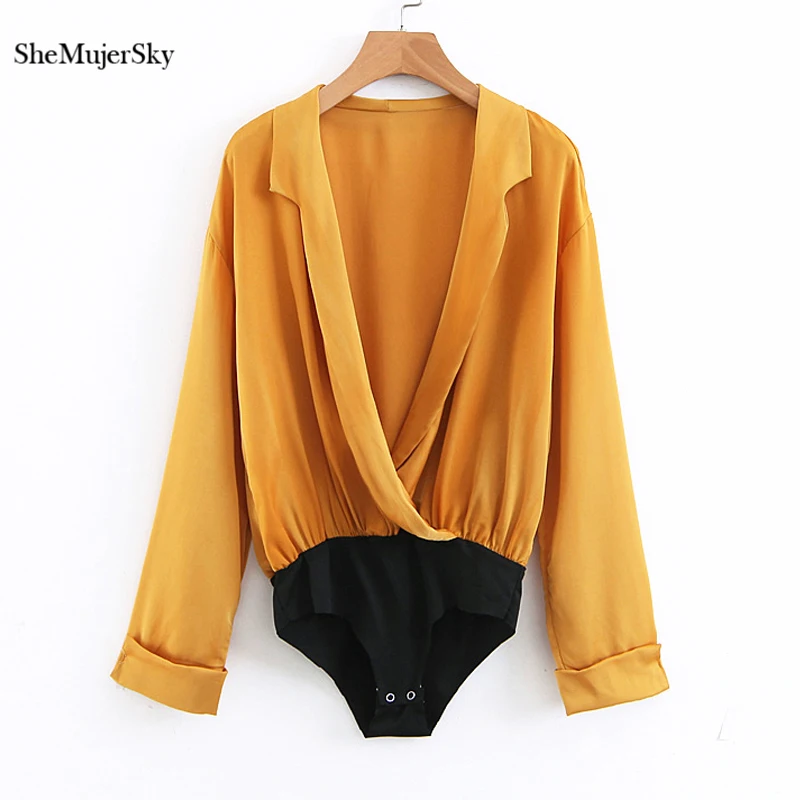 SheMujerSky Women Long Sleeve Yellow Bodysuits V-neck Spliced Shorts Jumpsuits roupas femininas
SheMujerSky Women Long Sleeve Yellow Bodysuits V-neck Spliced Shorts Jumpsuits roupas femininas