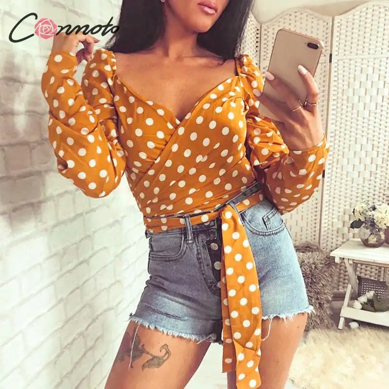 Conmoto Fashion Polka Dot Wrap Lace up Women Crop Tops and Blouse 2019 Autumn Casual V Neck Long Sleeve Short Shirt Mujer Blusa
Conmoto Fashion Polka Dot Wrap Lace up Women Crop Tops and Blouse 2019 Autumn Casual V Neck Long Sleeve Short Shirt Mujer Blusa
