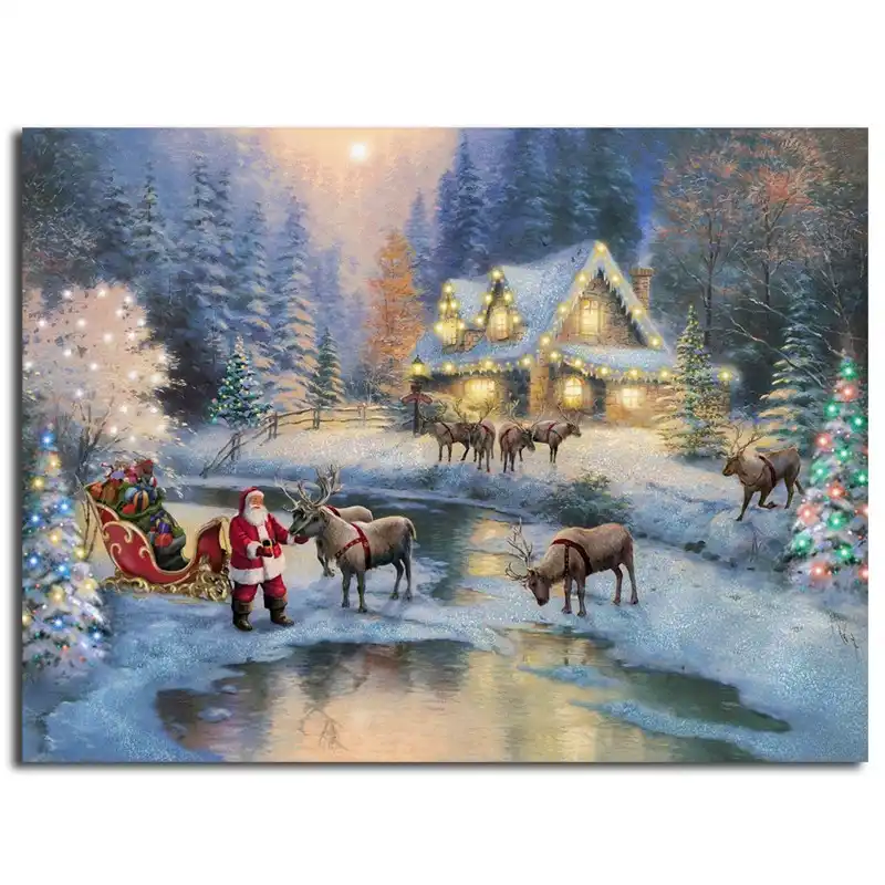 Thomas Kinkade Christmas At Deer Creek Cottage Art Santa Claus