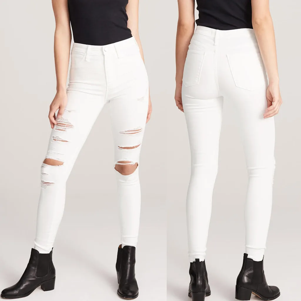JAYCOSIN Women`s Distressed Curvy White Mid High Waist Stretch Denim Pants Ripped Skinny Jeans For Woman Jean dropshipping 618W | Женская