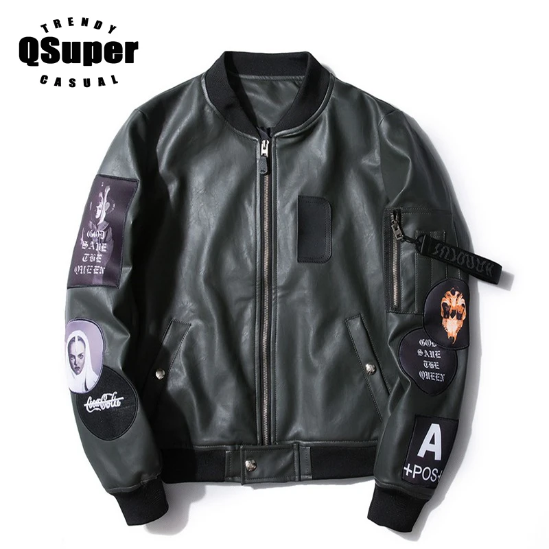 Image QSuper Fashion Soft Luxury Faux PU Leather Bomber Jacket Coat Men Patchwork Embroidery Letters Casual Jacket Men Outerwear
