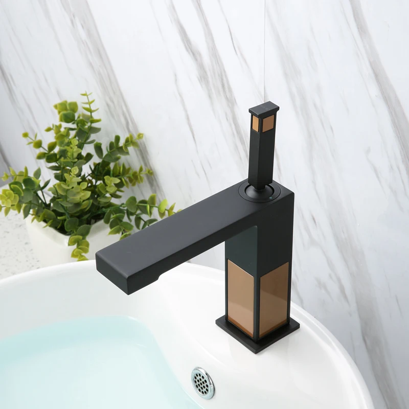 Black And Rose Gold Square Bathroom Sink Faucet Solid Brass Basin Faucet Cold And Hot Water Mixer Luxury Single Handle Tap