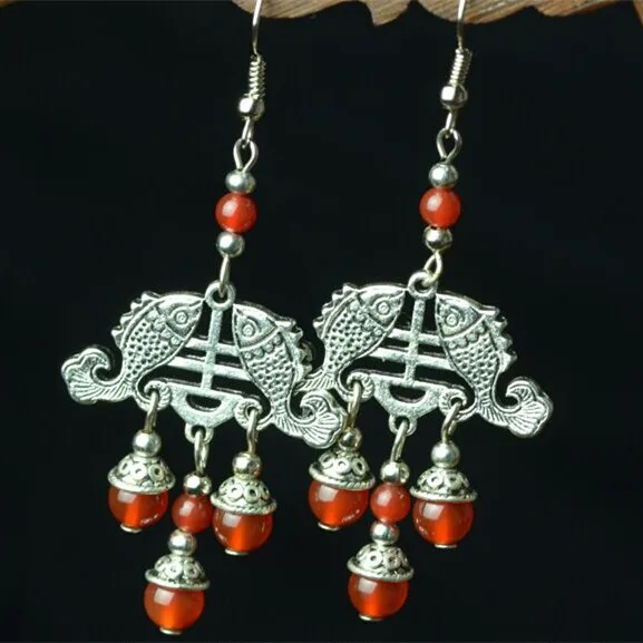 Unique Tibetan Silver Double Fishes Fortune-bringing Beautiful Glossy Natural Red A gate Beads Earrings Handmade Ethnic Jewelry
Unique Tibetan Silver Double Fishes Fortune-bringing Beautiful Glossy Natural Red A gate Beads Earrings Handmade Ethnic Jewelry