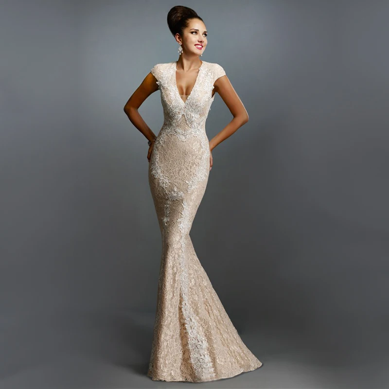 Elegant Fashion Deep V-Neck Open Back Cap Sleeve Lace Appliques Slim Mermaid Long vestidos de noite Formal Evening Dresses 2015
Elegant Fashion Deep V-Neck Open Back Cap Sleeve Lace Appliques Slim Mermaid Long vestidos de noite Formal Evening Dresses 2015
