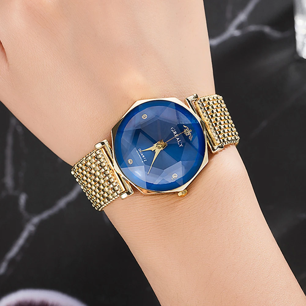 

Fashion blue face watch women alloy band 3D cut glass popular 2018 Grealy brand wristwatches with gift watch box top hot clock