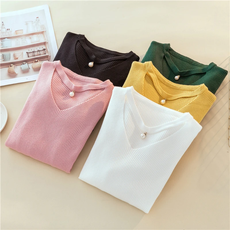 Sexy Hollow-out V-Neck Pink Pullover Sweet Pearl Pendant Long Sleeve Jumper Pull Femme Korean Slim Knitted Sweater For Women
Sexy Hollow-out V-Neck Pink Pullover Sweet Pearl Pendant Long Sleeve Jumper Pull Femme Korean Slim Knitted Sweater For Women