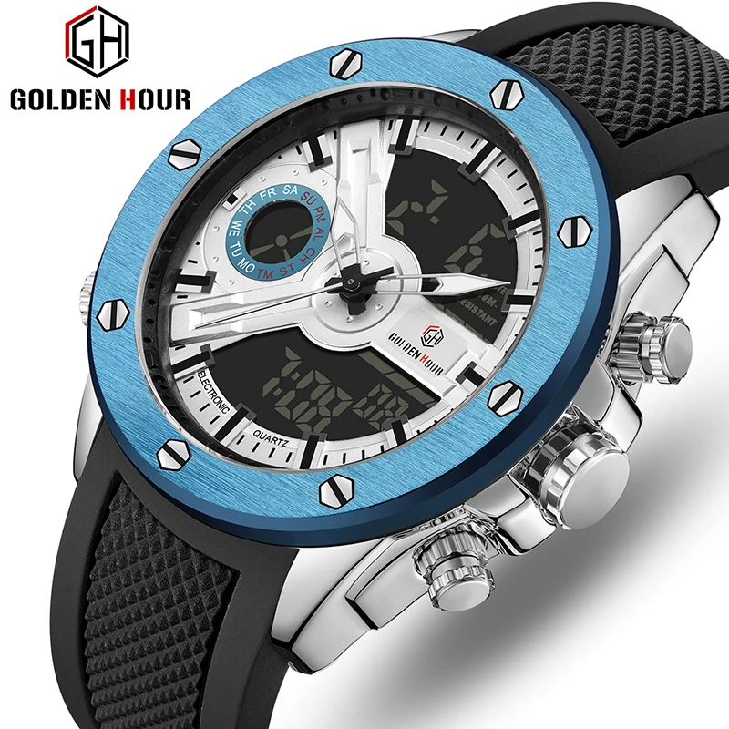 

GOLDENHOUR Watch Men Military Waterproof Quartz Men’s Watch Top Brand Dual Display Male Clock Relogio Masculino Erkek Kol Saati