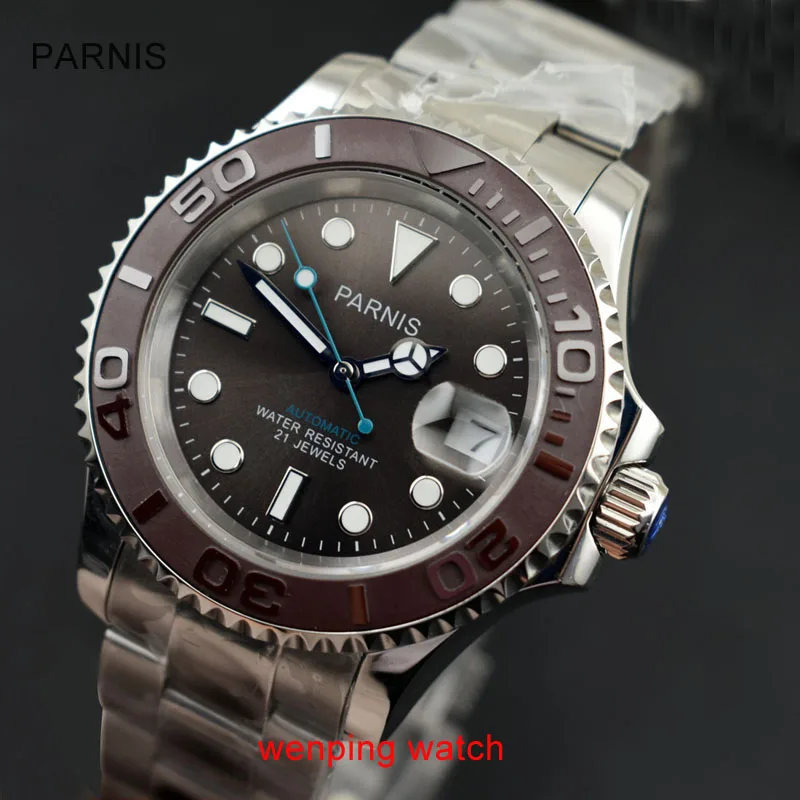 Parnis 40mm Green luminous Coffee ceramics bezel Coffee dial sapphire glass date GMT Automatic movement men's watch E2406
Parnis 40mm Green luminous Coffee ceramics bezel Coffee dial sapphire glass date GMT Automatic movement men's watch E2406