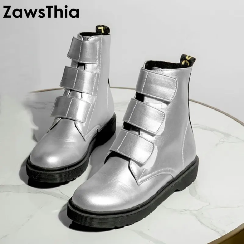 ZawsThia 2020 autumn winter hook & loop silver black comfortable woman flat shoes women platform martin ankle boots big size 43 | Обувь
