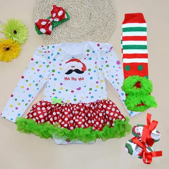 

4PCs per Set Baby Girl Colorful Polka Dots Santa Outfit Tutu Dress Infant 1st Christmas Party Outfit Leg Warmers Shoes Headband