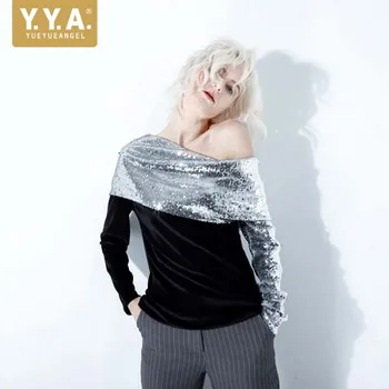 New Design Long Sleeve Silver Sequined Patchwork Elastic Velvet Women T-Shirts Asymmetrical Collar Off the Shoulder Tees Tops
New Design Long Sleeve Silver Sequined Patchwork Elastic Velvet Women T-Shirts Asymmetrical Collar Off the Shoulder Tees Tops