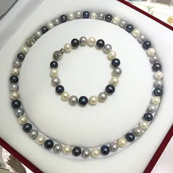 

fine jewelry ball pearl necklace bracelet set white grey peacock mix color perfectly round natural freshwater pearls star stely