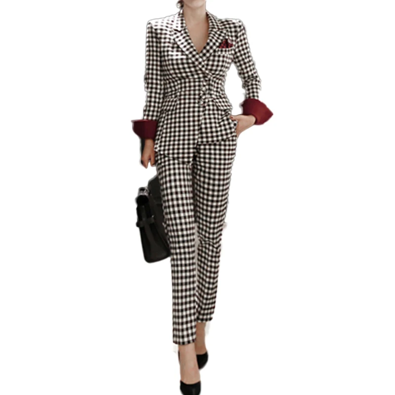 Fall/winter Women's Suit Temperament Fashion Plaid Small Slim Commuter Pants Two-piece Women Tops and Pant | Женская одежда