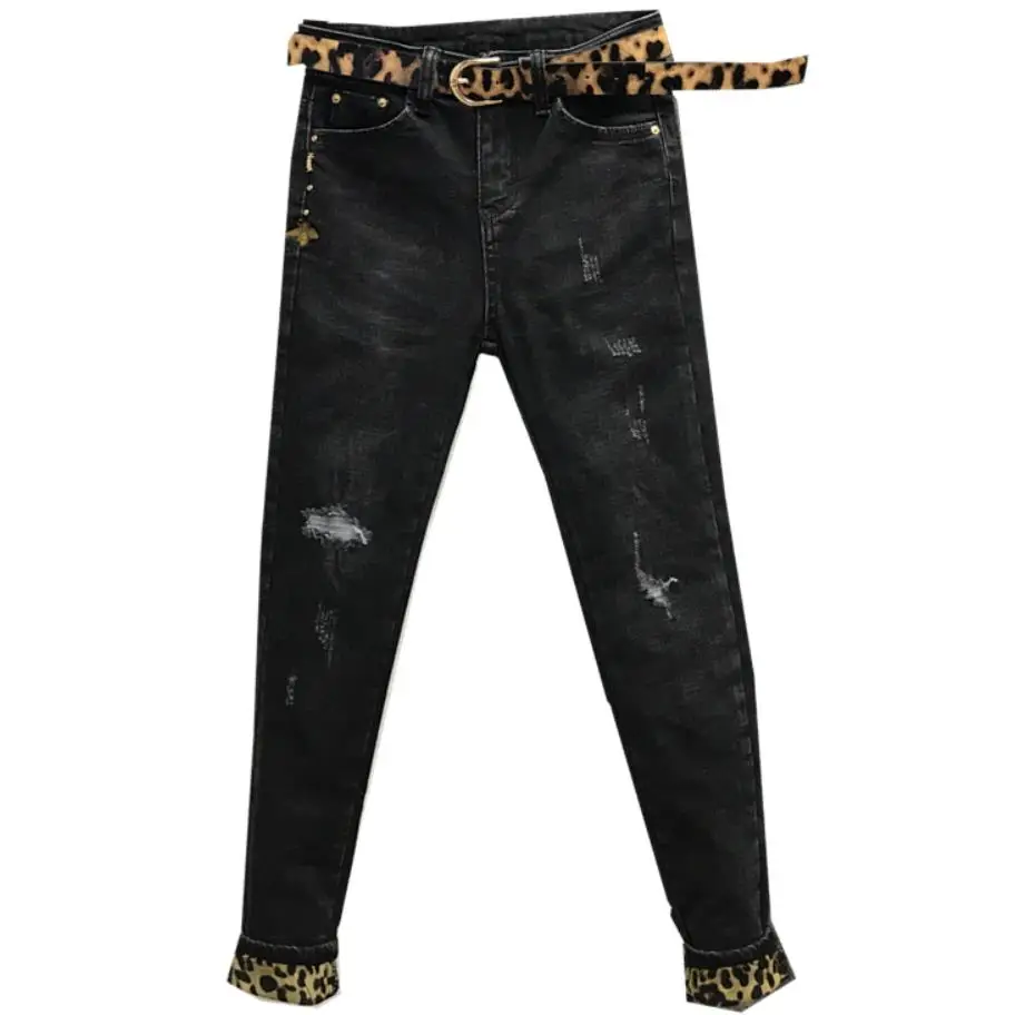 plus size 26-30 winter women fashion leopard print hole elastic high waist thick skinny pencil jeans |
