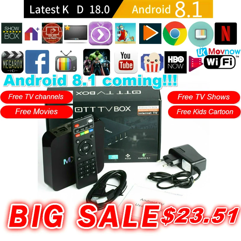 TTVBOX MX Pro 4K Android TV Box Latest KD 18.0 Android 8.1 OS 1GB 8GB RK3229 4K 2.4GHz WIFI Quad Core Smart TV Box Media Player
TTVBOX MX Pro 4K Android TV Box Latest KD 18.0 Android 8.1 OS 1GB 8GB RK3229 4K 2.4GHz WIFI Quad Core Smart TV Box Media Player