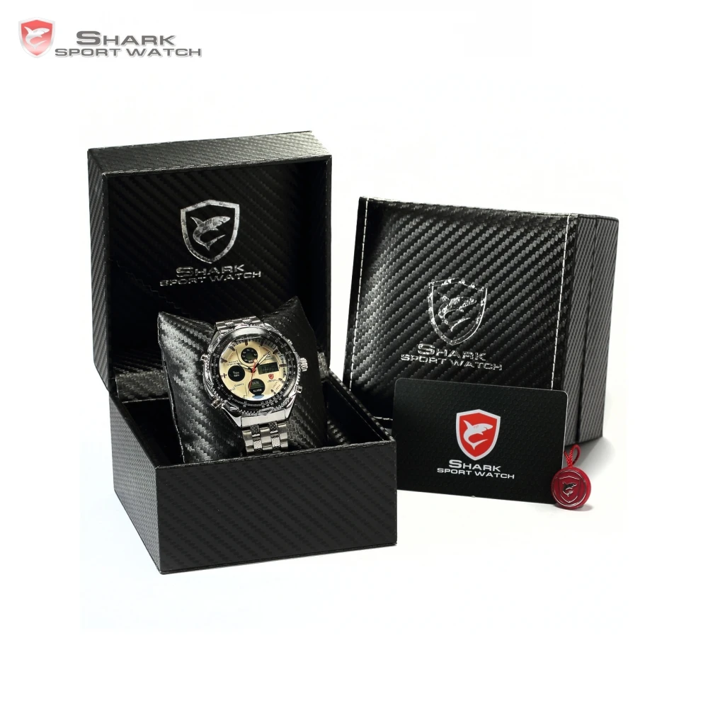 Luxury Leather Box SHARK Sport Watch Mens Watches Top Brand Dual Time Day Steel Band Relogio LCD Quartz Digital Montre/SH109-112
Luxury Leather Box SHARK Sport Watch Mens Watches Top Brand Dual Time Day Steel Band Relogio LCD Quartz Digital Montre/SH109-112