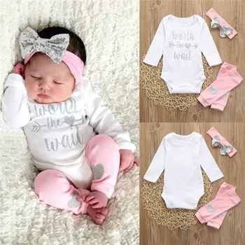 Cute Baby Girls Letter Romper Jumpsuit Leggings Headband 3Pcs Outfits Set