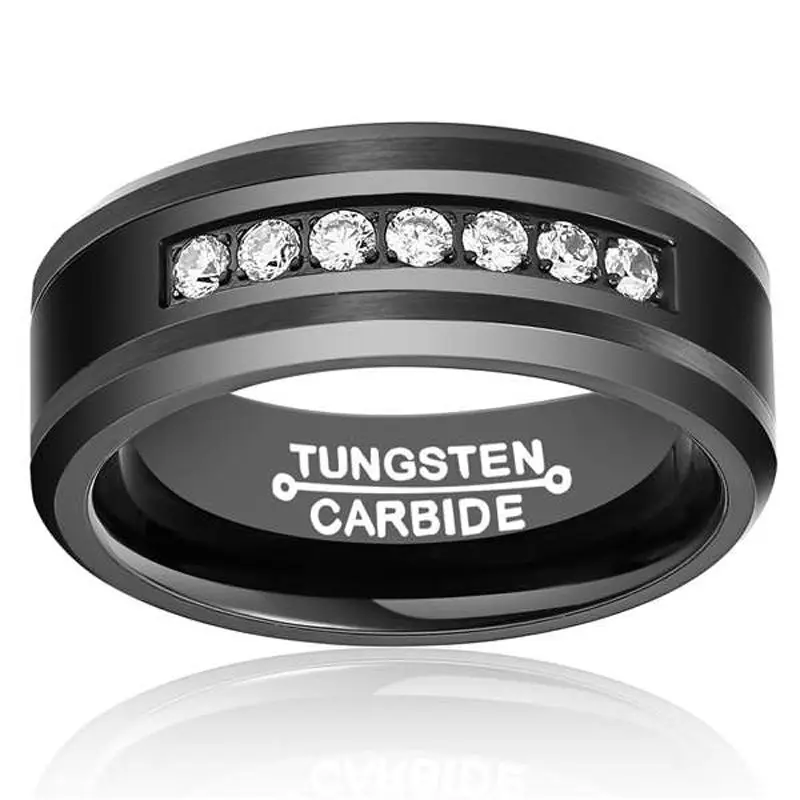 

New Fashion 8mm Black Tones Men's Tungsten Carbide Rings Inlay White Cubic Zirconia CZ Stones for Wedding Band Size 7-13