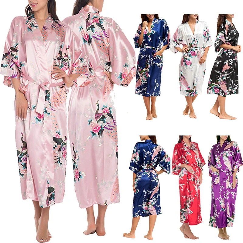 Ladies Sexy Silk Satin Long Robe Night Dress Woman Long Sleeve Nighties V-Neck Nightgown Robes Nightdress Sleepwear For Women