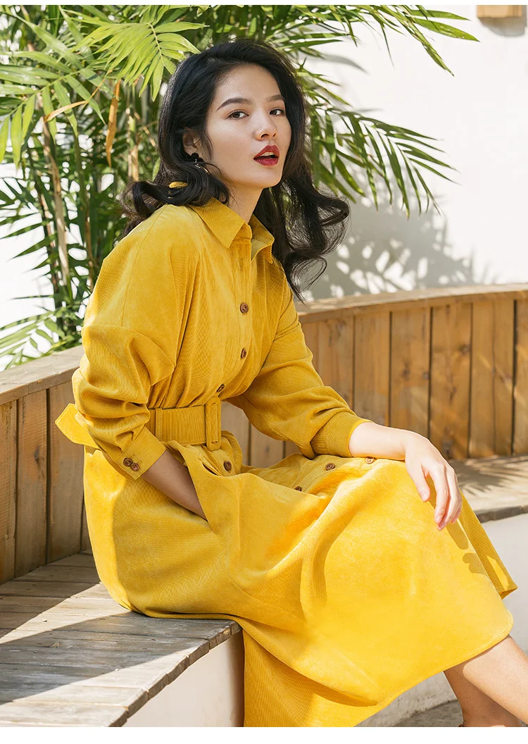 yellow Long Sleeve Shirtwaist Dress With Belt 