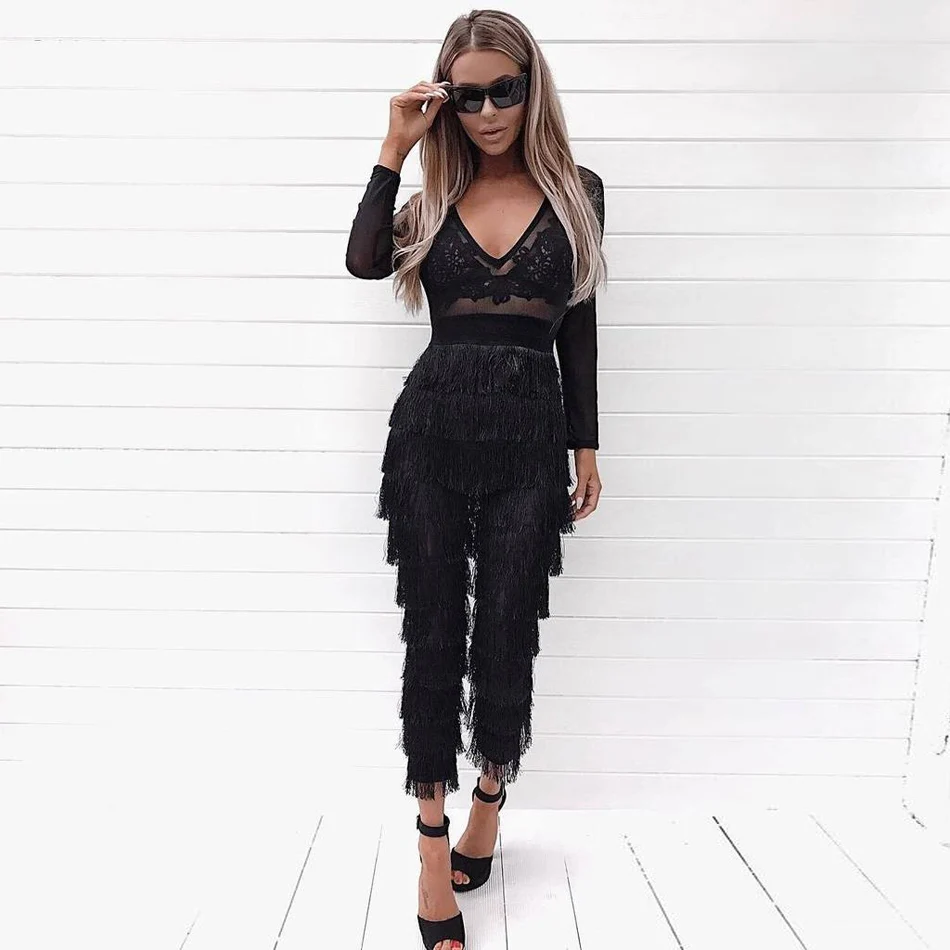 

Mysterious Black Layered Tassel Fringe Mesh Legging V Neck Long Sleeve See Through Long Leg Bodycon Sexy Femme Bandage Jumpsuit