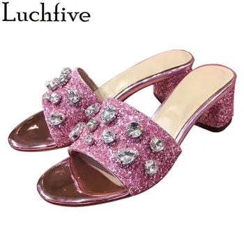 Luchfive Bling Sequined Crystal Slippers Summer Open Toe Runway Rhinestone Sheepskin Thick Square Heel Slippers Woman Black
Luchfive Bling Sequined Crystal Slippers Summer Open Toe Runway Rhinestone Sheepskin Thick Square Heel Slippers Woman Black