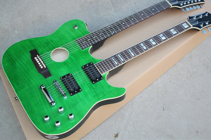 Factory custom 12+6 strings semi-hollow green double neck electric guitar with 2 humbuckers pickups,Flame maple veneer
Factory custom 12+6 strings semi-hollow green double neck electric guitar with 2 humbuckers pickups,Flame maple veneer