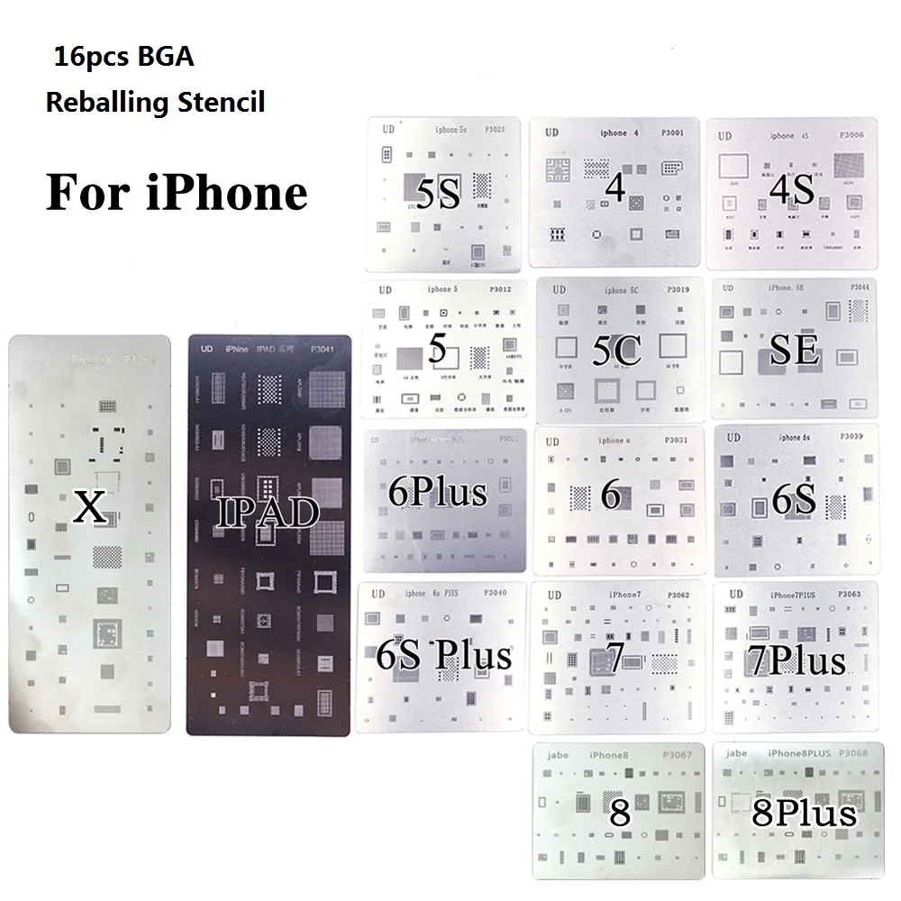 16pcsFull Set Solder Template Dedicate BGA Reballing Stencil For IPhone 4 4s 5 5s 5c 6 6+ 6S 6s+ 7 7+ SE 8 8Plus X iPad Welding
16pcsFull Set Solder Template Dedicate BGA Reballing Stencil For IPhone 4 4s 5 5s 5c 6 6+ 6S 6s+ 7 7+ SE 8 8Plus X iPad Welding