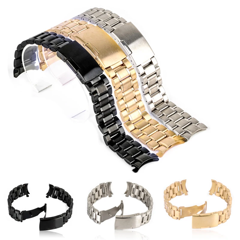 18/20/22/24mm Curved End Watch Band Unisex Stainless Steel Metal Wristwatch Strap Double Fold Deployment Clasp Bracelet 3 Colors