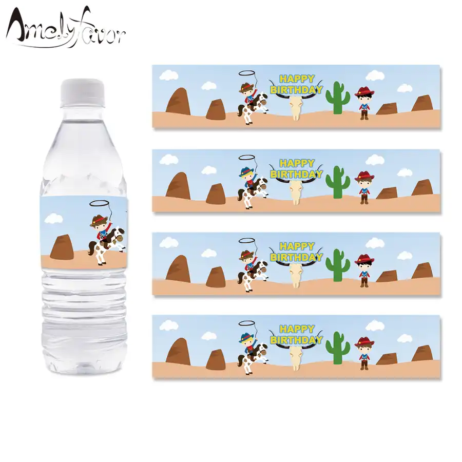 Cowboy Theme Party Water Bottle Labels Western Boys Cactus Water