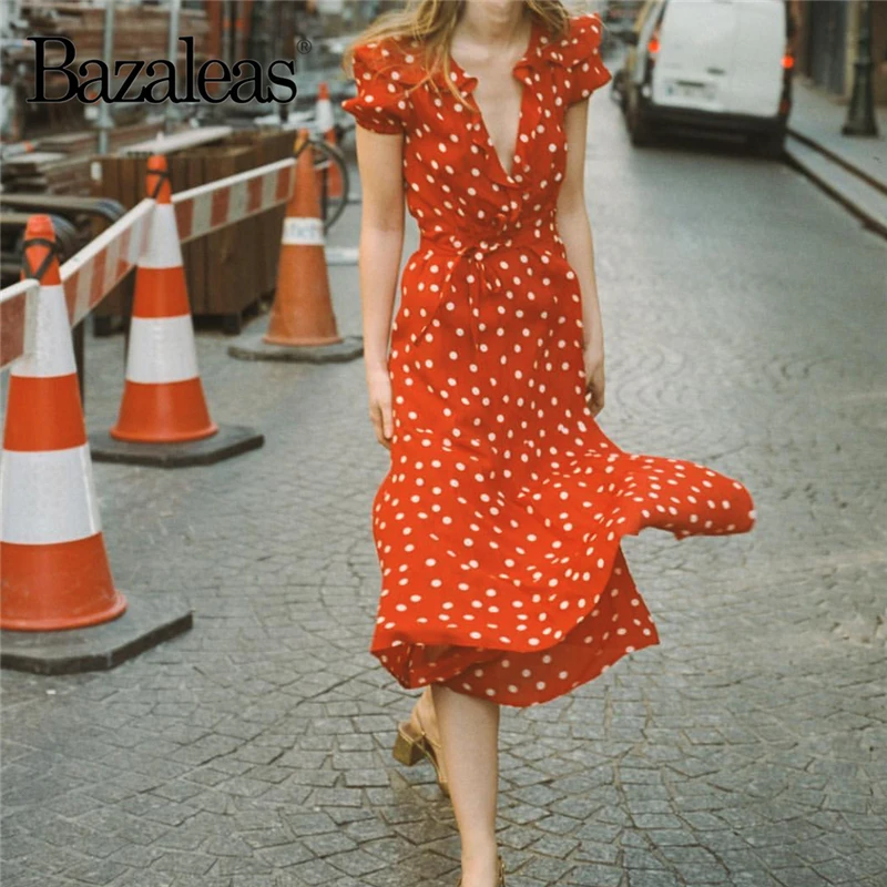 Bazaleas V Neck Ruffles Red Dots Print women vestidos Chic wrap midi dress Vintage elegant summer Dress drop shipping
Bazaleas V Neck Ruffles Red Dots Print women vestidos Chic wrap midi dress Vintage elegant summer Dress drop shipping