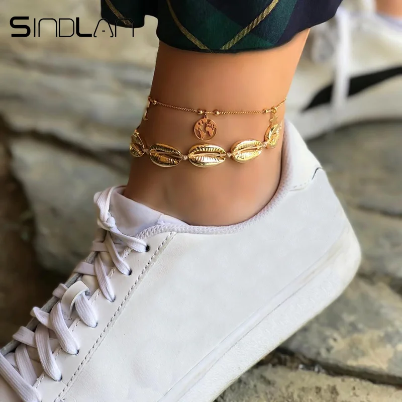 

Sindlan 2PCs Bohemia Gold Shell Ankle Foot Bracelets Set Hollow Map Leg Foot Chain Anklets for Women Female Barefoot Jewelry