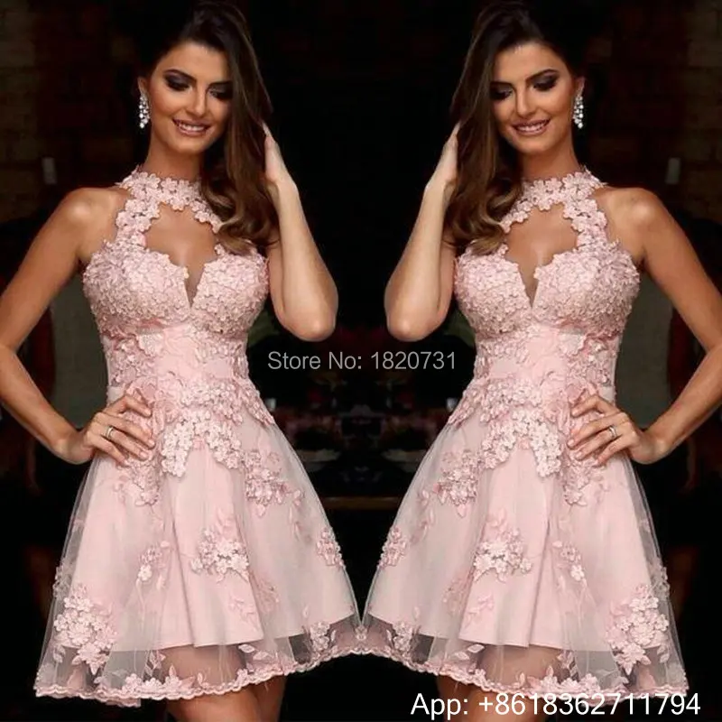 Elegant Cocktail Dresses Pink Halter Lace Appliques Short Prom Dress Backless Party Dresses Plus Robe De Cocktail 2019
Elegant Cocktail Dresses Pink Halter Lace Appliques Short Prom Dress Backless Party Dresses Plus Robe De Cocktail 2019