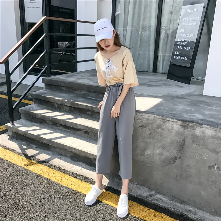 Plus Size - Casual Elastic Waist Loose Wide Leg Pants Preppy Style Trousers Female Palazzo Pants (Us 18W-20W)