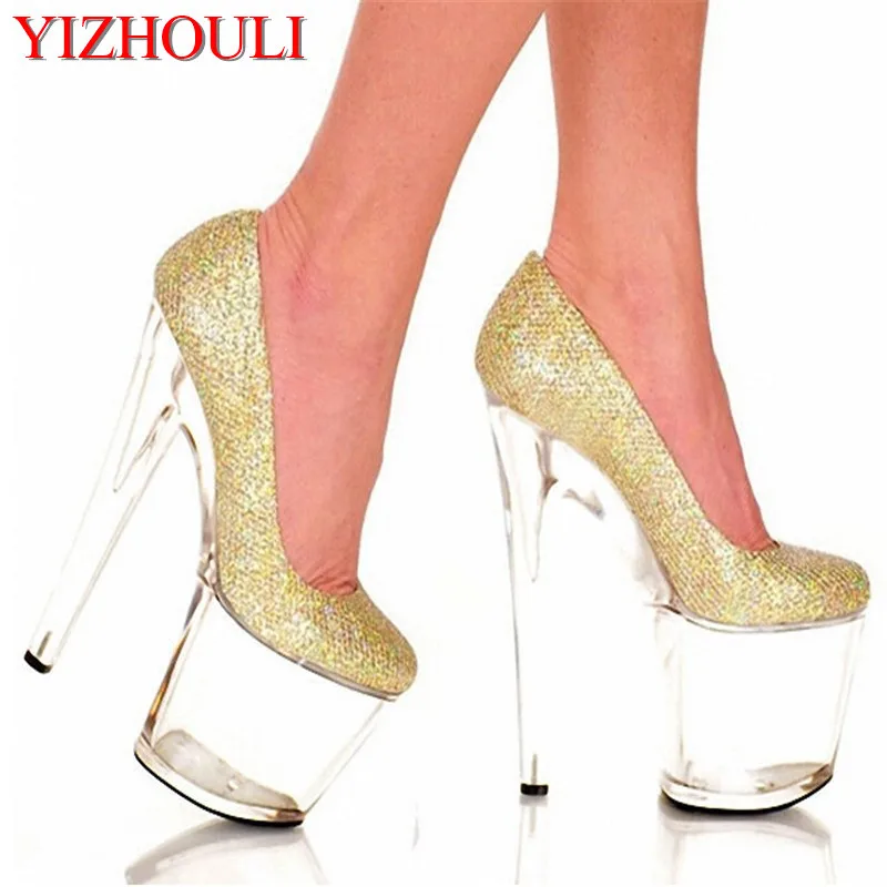 Gold sequined crystal soles 20 cm high heels, 8 inches model banquet stage shoes
Gold sequined crystal soles 20 cm high heels, 8 inches model banquet stage shoes