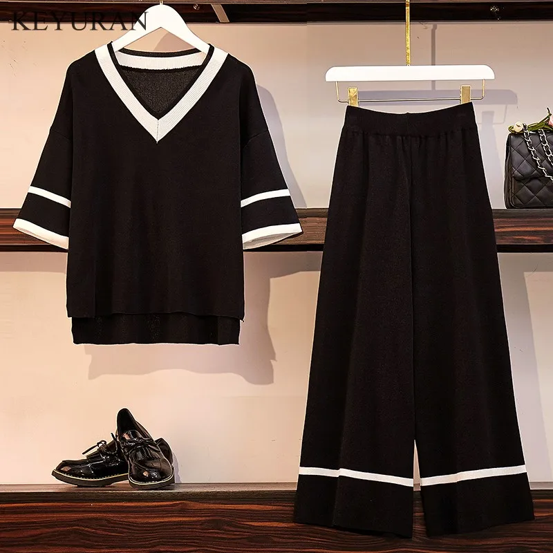 Spirng Summer Knitted Women Tops And Trousers 2 Piece Set 3/4 Sleeve Striped Knit Shirts + Wide Leg Pants Suit Female Costume
Spirng Summer Knitted Women Tops And Trousers 2 Piece Set 3/4 Sleeve Striped Knit Shirts + Wide Leg Pants Suit Female Costume