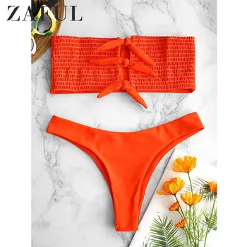 

ZAFUL Floral Lace-up Shirred Bandeau Bikini 2019 Strapless Smocked Bikini Unlined Wire Free Swimsuit Summer Beach Wear Biquini