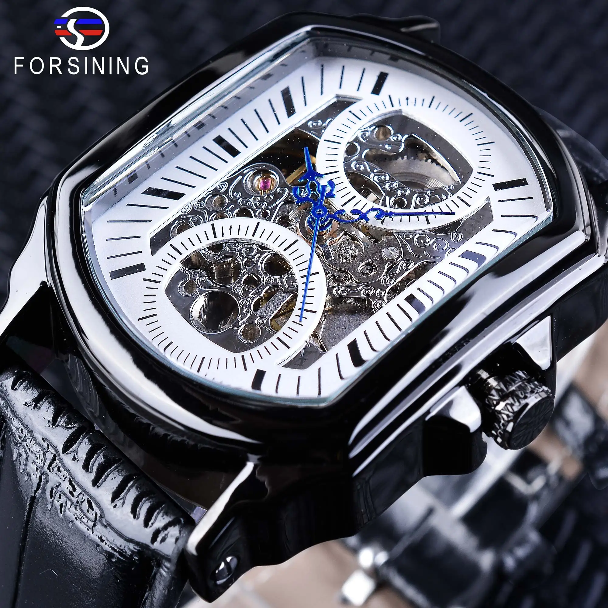 

Forsining Retro Fashion Blue Hands Clock Openwork Men's Mechanical White Skeleton Watches Top Brand Luxury Relogio Masculino