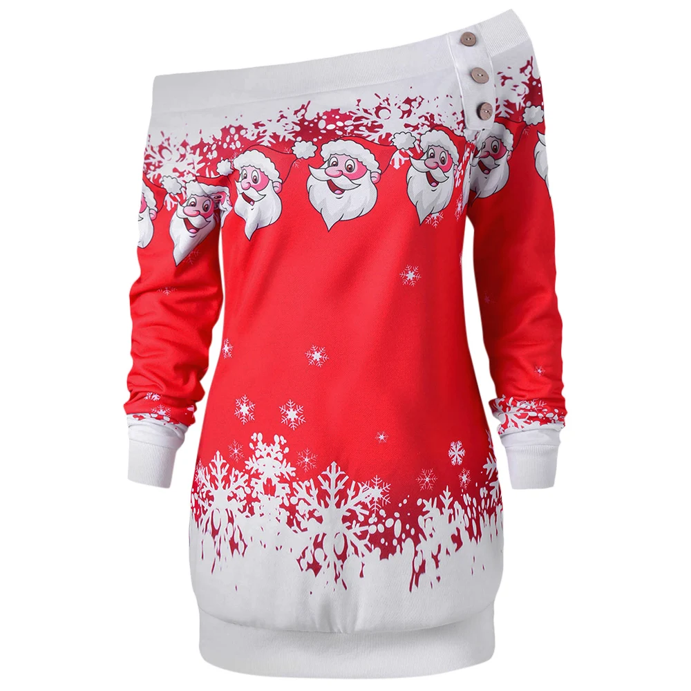 

Wipalo Graphic tops Santa Claus Snowflake Skew Neck Pullover Christmas Sweatshirt Jumper Outerwear Autumn Women Button Tops