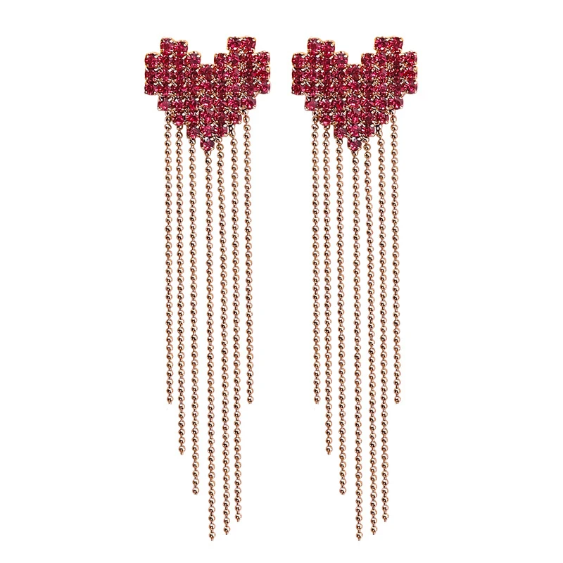 925 Silver Fashion Sweet Full Rhinestone Love Heart Metal Beads Long Tassel Drop Earrings for Women Wedding Party Ear Jeweley | Украшения и