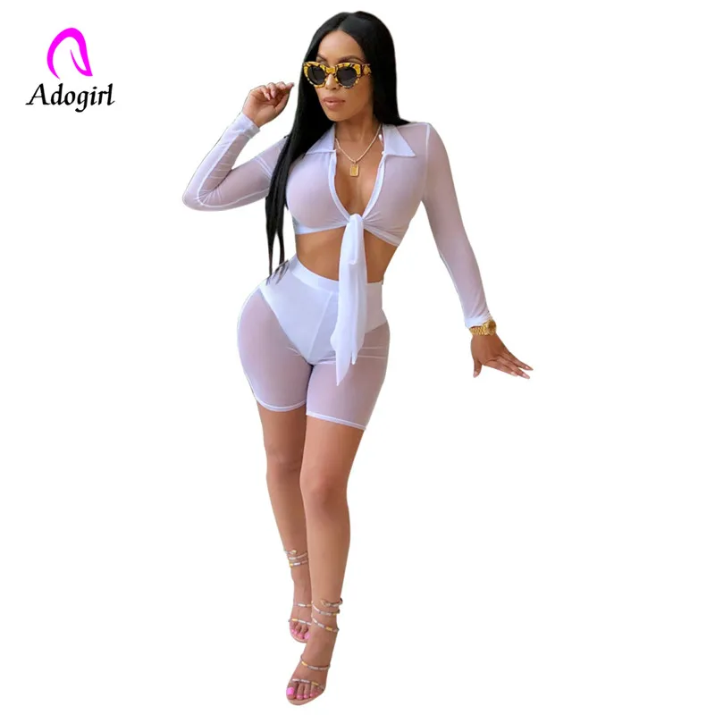 Adogirl turn down collar lace up mesh suits solid color sun-proof crop tops transparent skinny pants summer lady two pieces sets 
Adogirl turn down collar lace up mesh suits solid color sun-proof crop tops transparent skinny pants summer lady two pieces sets
