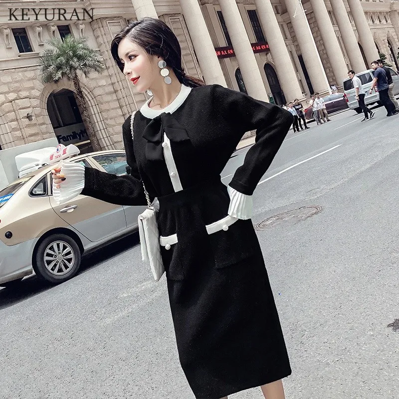 Women Knitted 2 Piece Set 2019 Autumn Winter Black Knitting Bow Long Sleeve Beading Pearl Sweater + Skirt Suits
Women Knitted 2 Piece Set 2019 Autumn Winter Black Knitting Bow Long Sleeve Beading Pearl Sweater + Skirt Suits